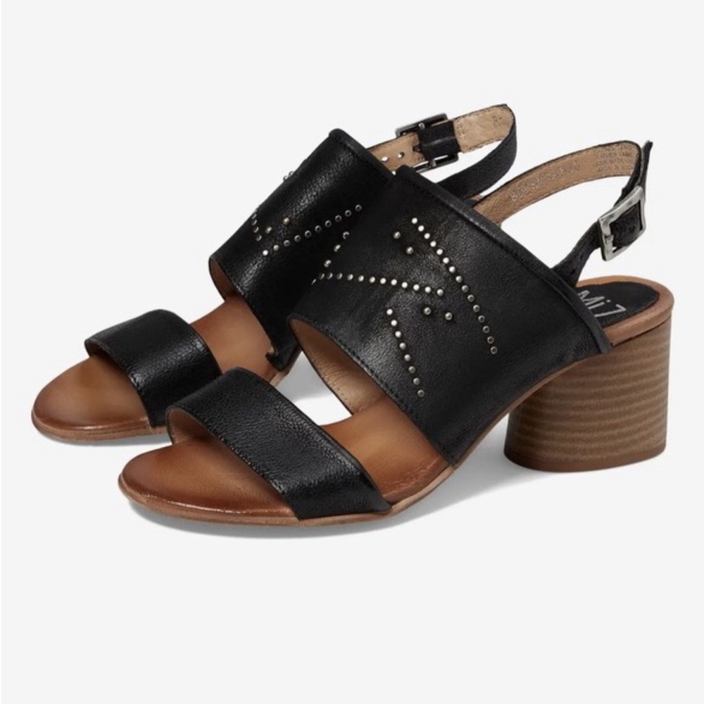 Miz mooz bohemian black leather studded block heel sandals 38/8